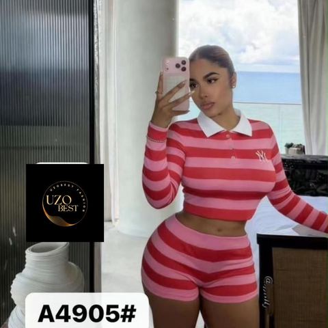 2 pieces long sleeve collared crop top and matching short